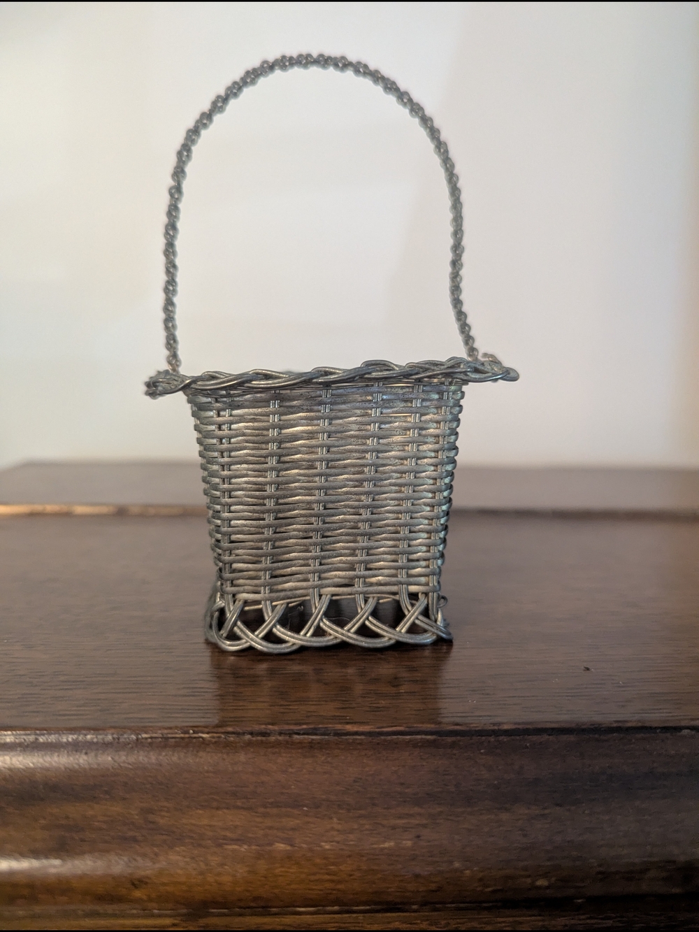 Miniature Woven Silver Metal Basket with Handle